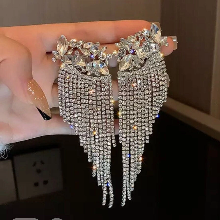 Big White rhinestone earrings  clear silver crystal pageant white silver wedding long fringe tassel bridal earrings big pierce