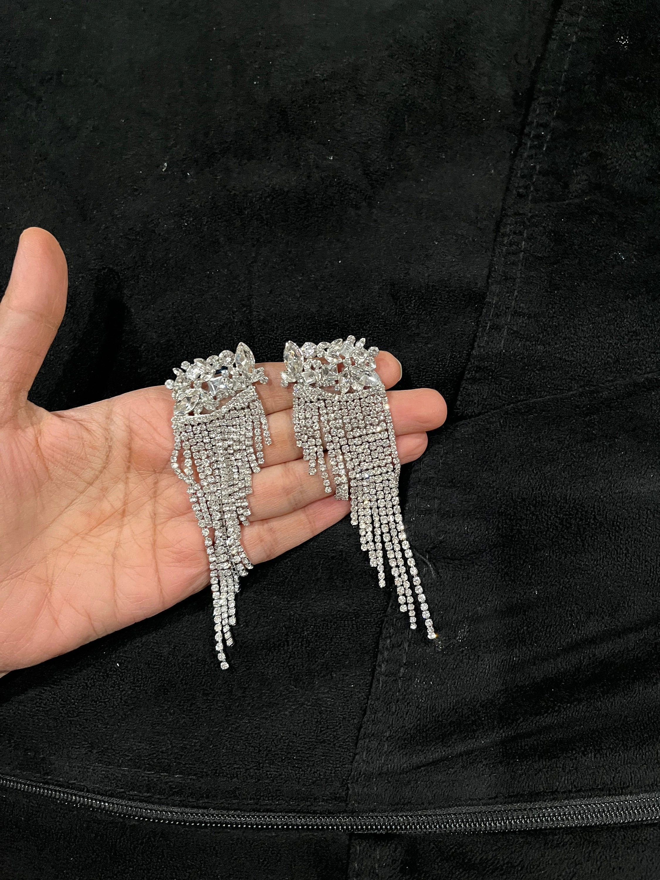 Big White rhinestone earrings  clear silver crystal pageant white silver wedding long fringe tassel bridal earrings big pierce