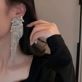 Big White rhinestone earrings  clear silver crystal pageant white silver wedding long fringe tassel bridal earrings big pierce