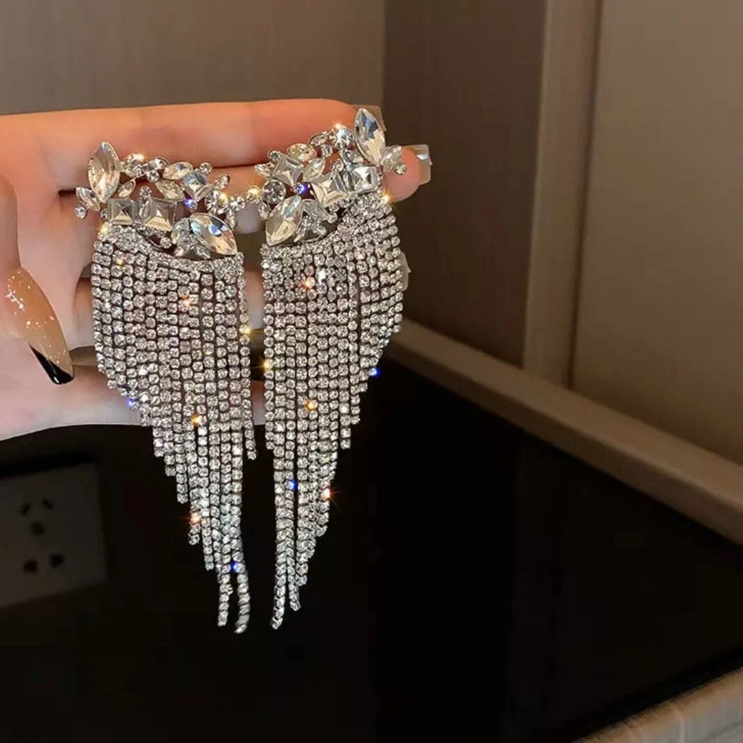 Big White rhinestone earrings  clear silver crystal pageant white silver wedding long fringe tassel bridal earrings big pierce