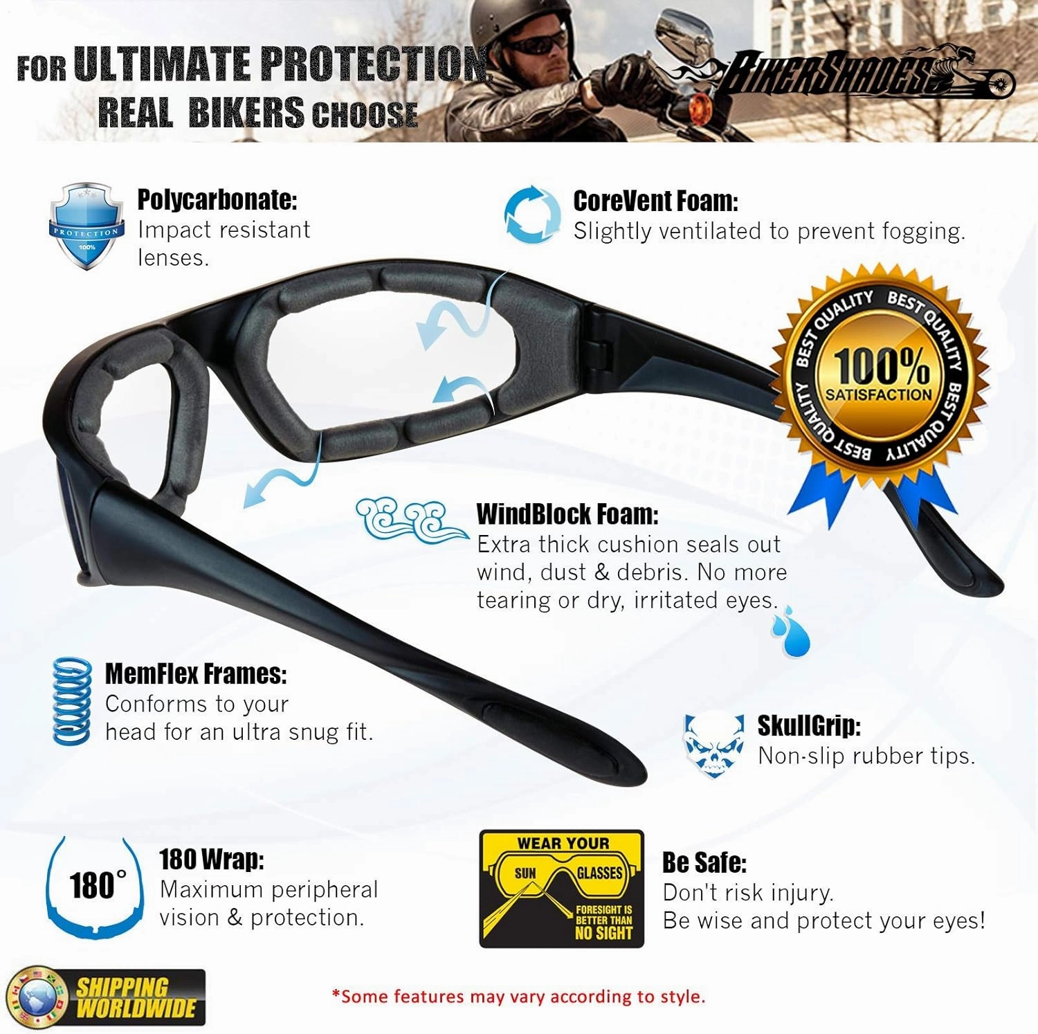 Bikershades Motorcycle Bifocal Sunglass Reader Safety Protective Goggles w/Foam Padding Men Women Z87 Fit Large Head Sizes