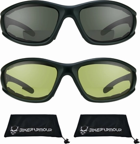Bikershades Motorcycle Bifocal Sunglass Reader Safety Protective Goggles w/Foam Padding Men Women Z87 Fit Large Head Sizes