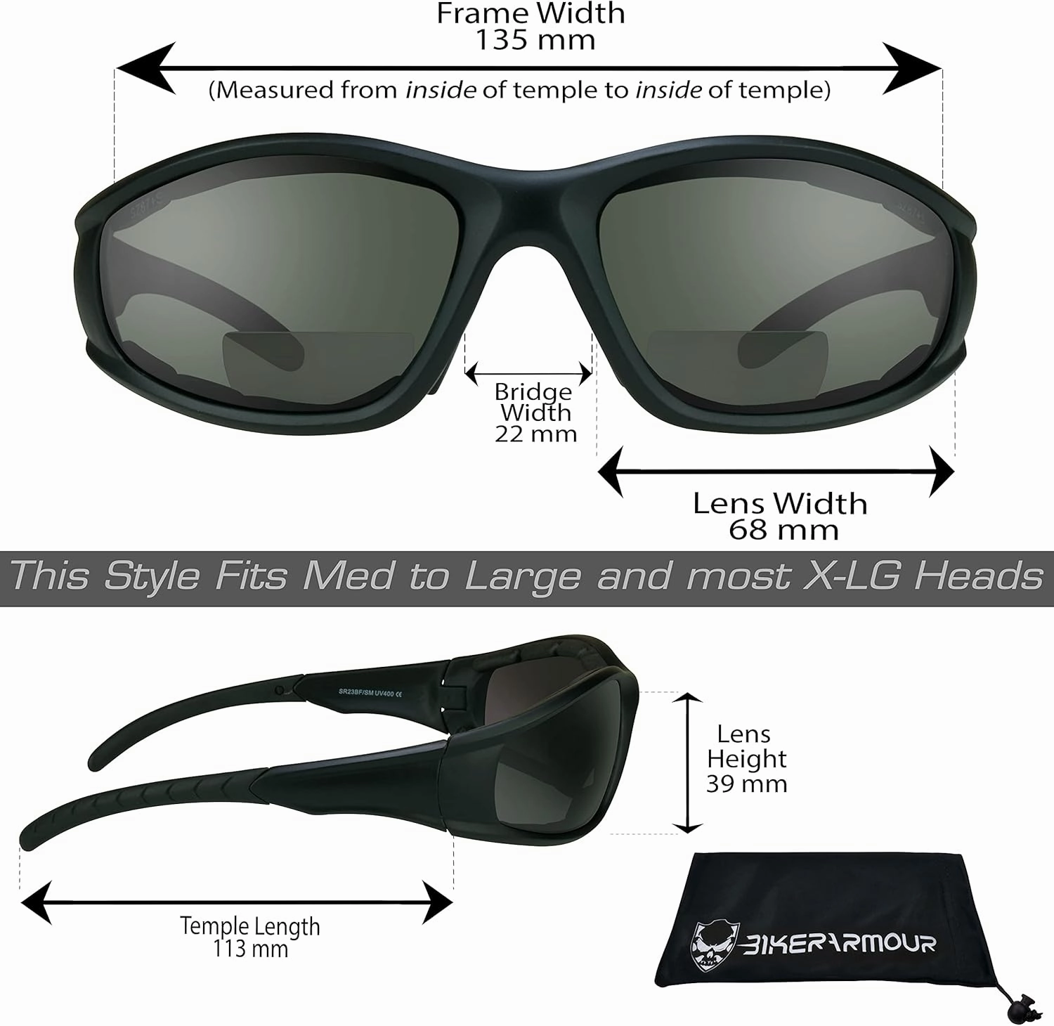 Bikershades Motorcycle Bifocal Sunglass Reader Safety Protective Goggles w/Foam Padding Men Women Z87 Fit Large Head Sizes