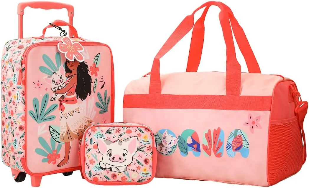 Bioworld Moana Pua & Moana Tropical Print Youth 4-Piece Carry On Luggage Travel Set