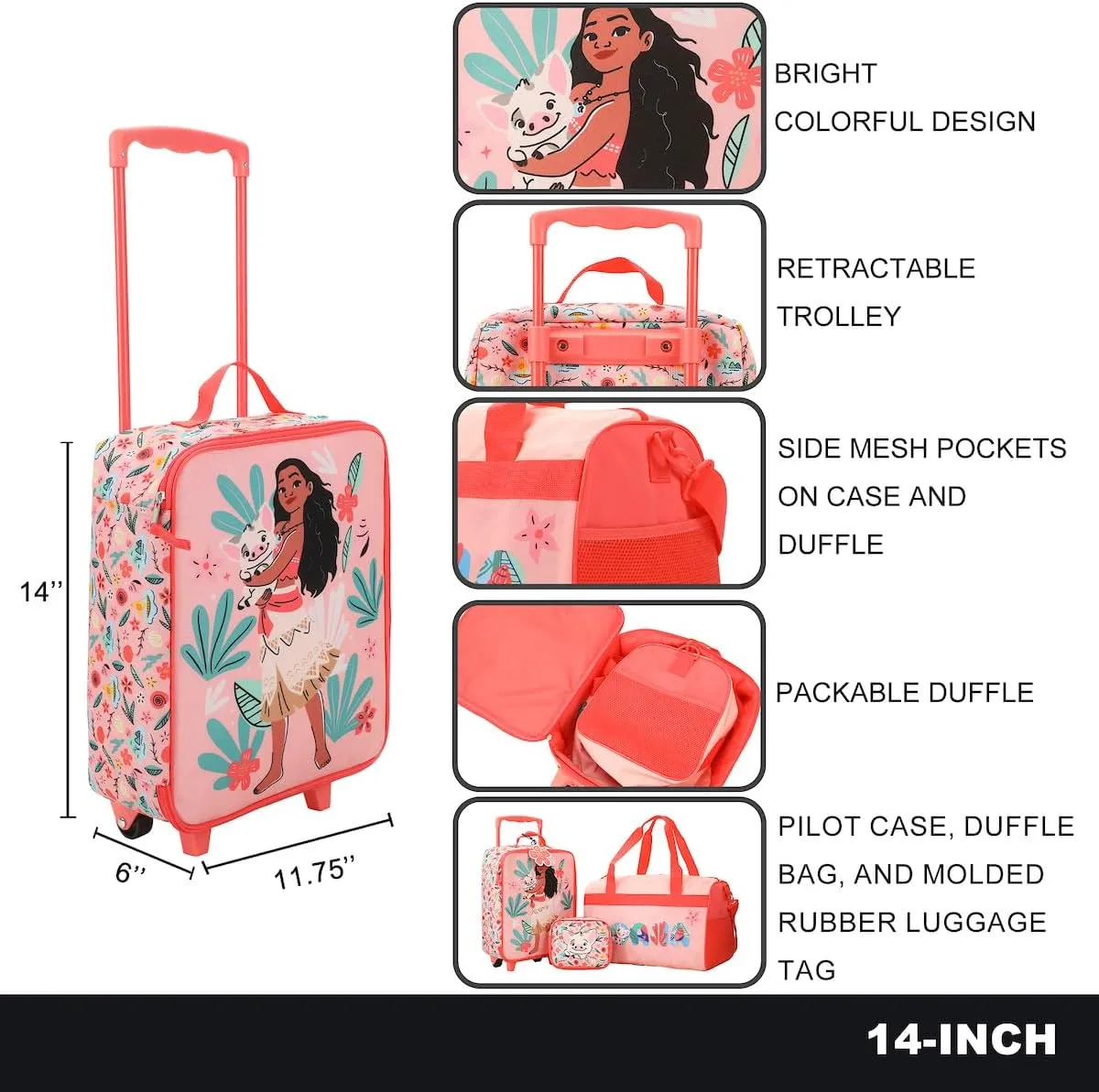 Bioworld Moana Pua & Moana Tropical Print Youth 4-Piece Carry On Luggage Travel Set