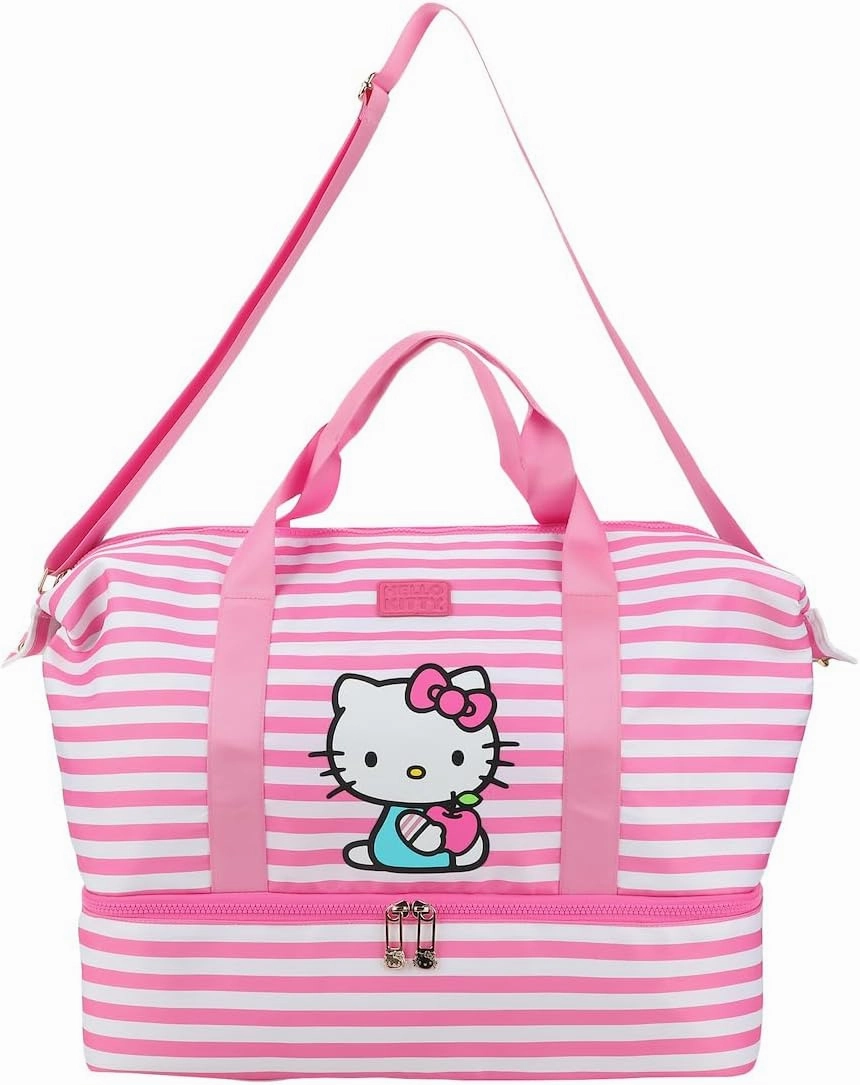 Bioworld Hello Kitty Character 17" Pink & White Striped Duffle Bag