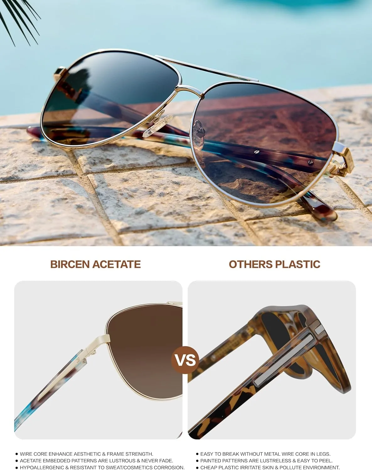 BIRCEN Polarized Aviator Sunglasses for Women : UV Protection Acetate Square Sunglass With Retro Classic Style