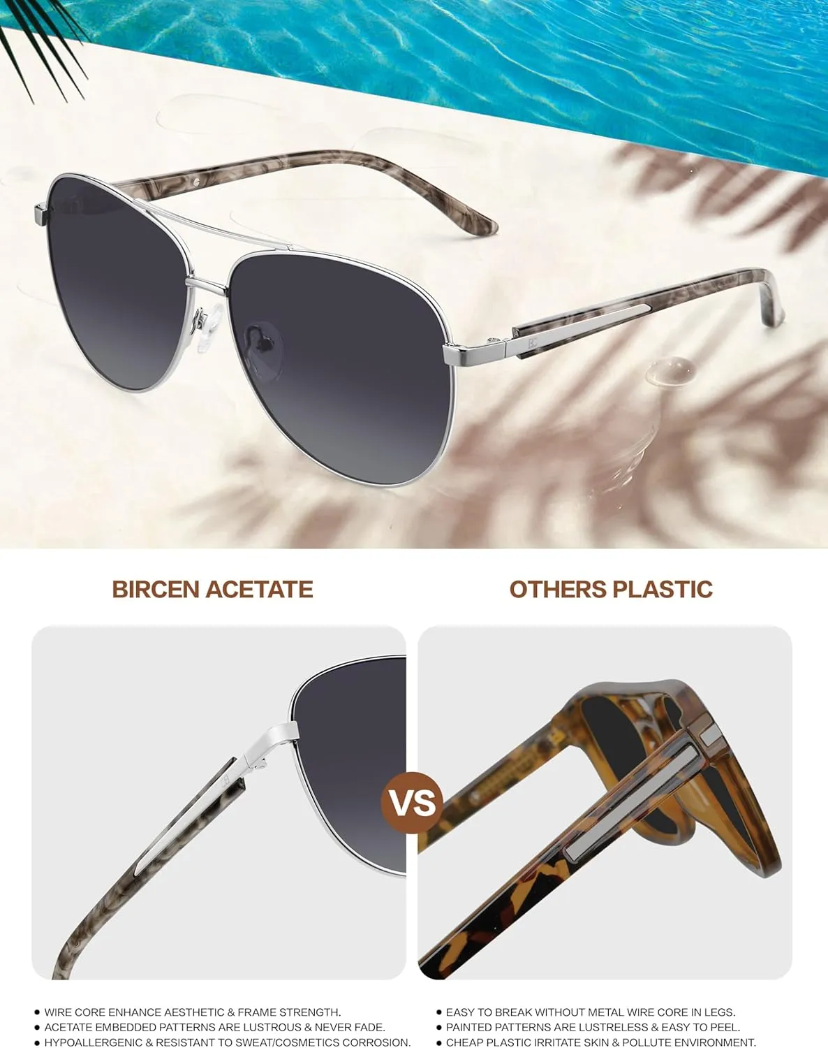 BIRCEN Polarized Aviator Sunglasses for Women : UV Protection Acetate Square Sunglass With Retro Classic Style
