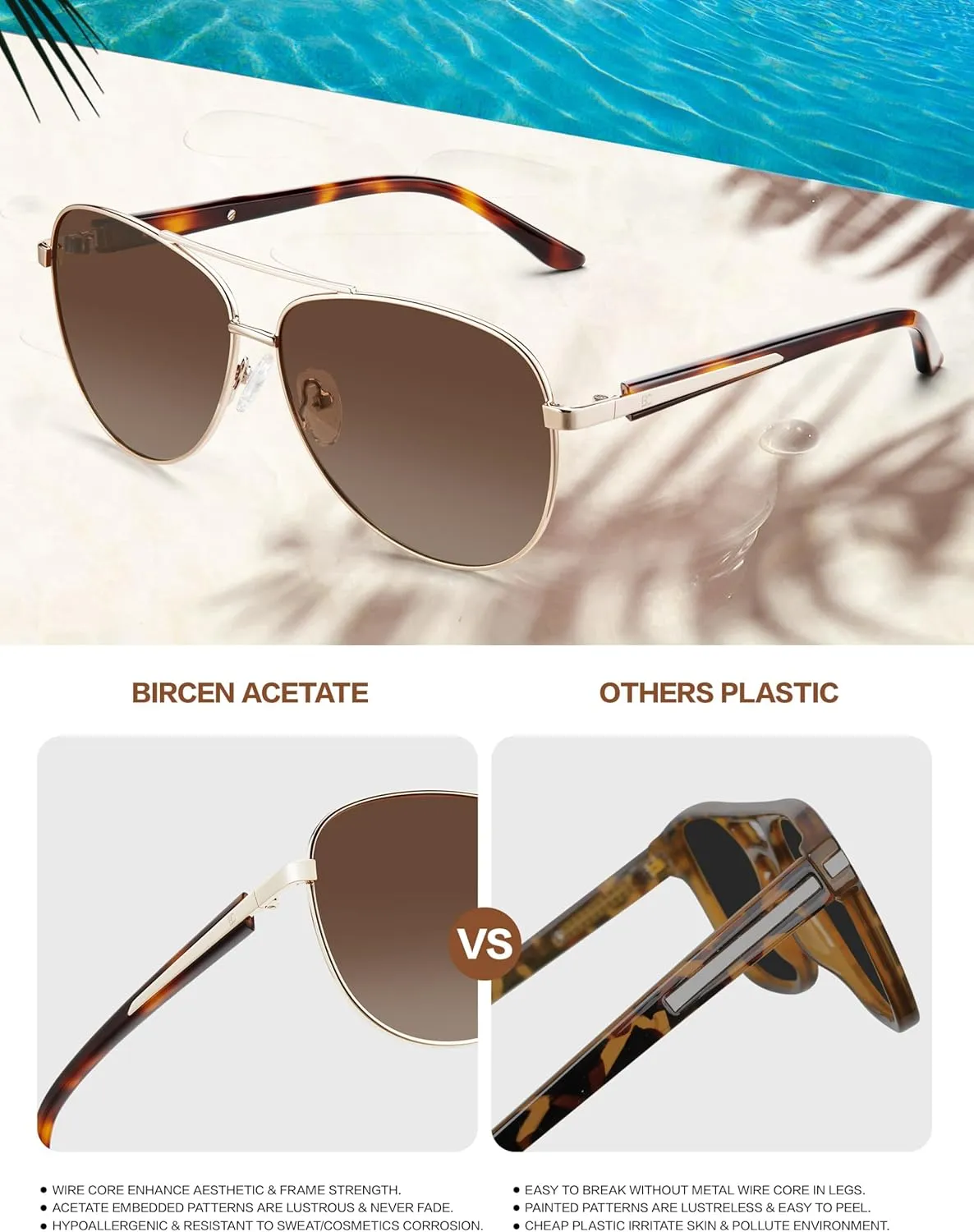 BIRCEN Polarized Aviator Sunglasses for Women : UV Protection Acetate Square Sunglass With Retro Classic Style