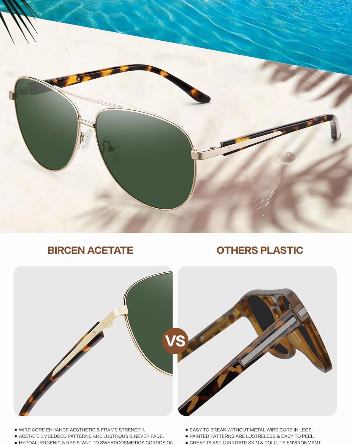 BIRCEN Polarized Aviator Sunglasses for Women : UV Protection Acetate Square Sunglass With Retro Classic Style