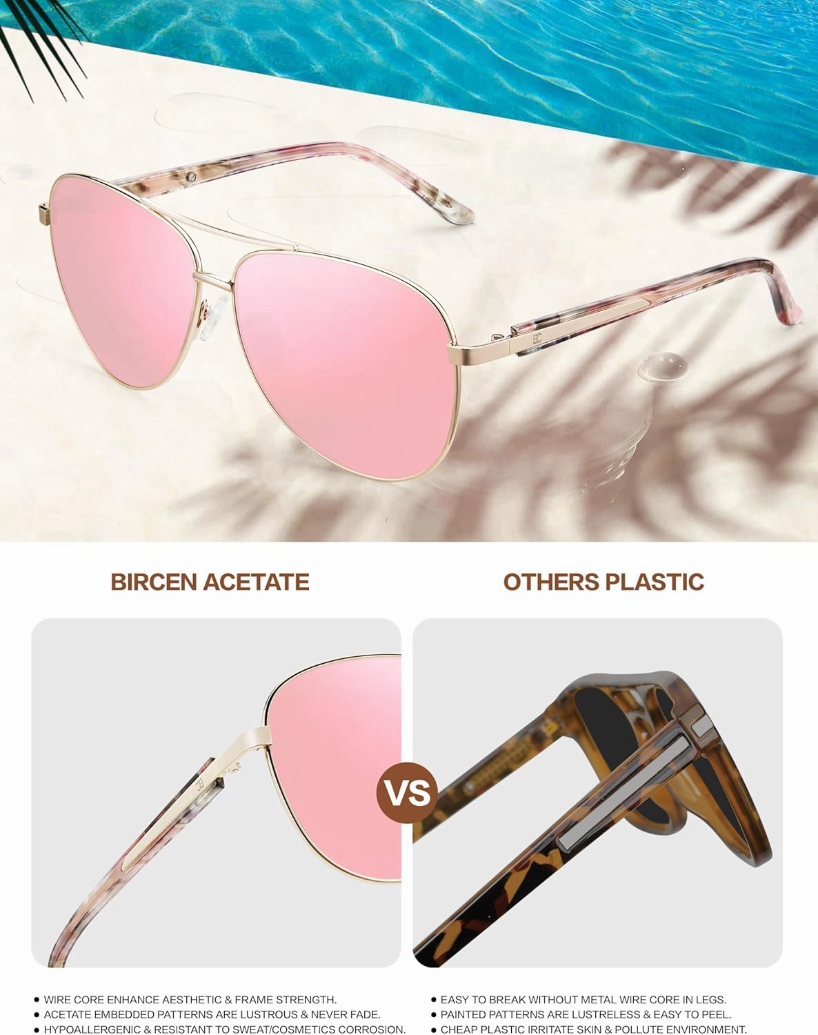 BIRCEN Polarized Aviator Sunglasses for Women : UV Protection Acetate Square Sunglass With Retro Classic Style