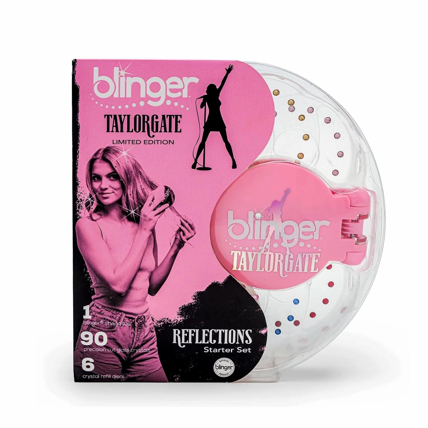 blinger® Limited Edition Reflections Starter Set | Pearlized Pink Styling Tool   90 Precision-Cut Glass Crystals | Add Sparkly Gems to your Hair | Perfect for Concerts, Festivals, Dances & Prom!