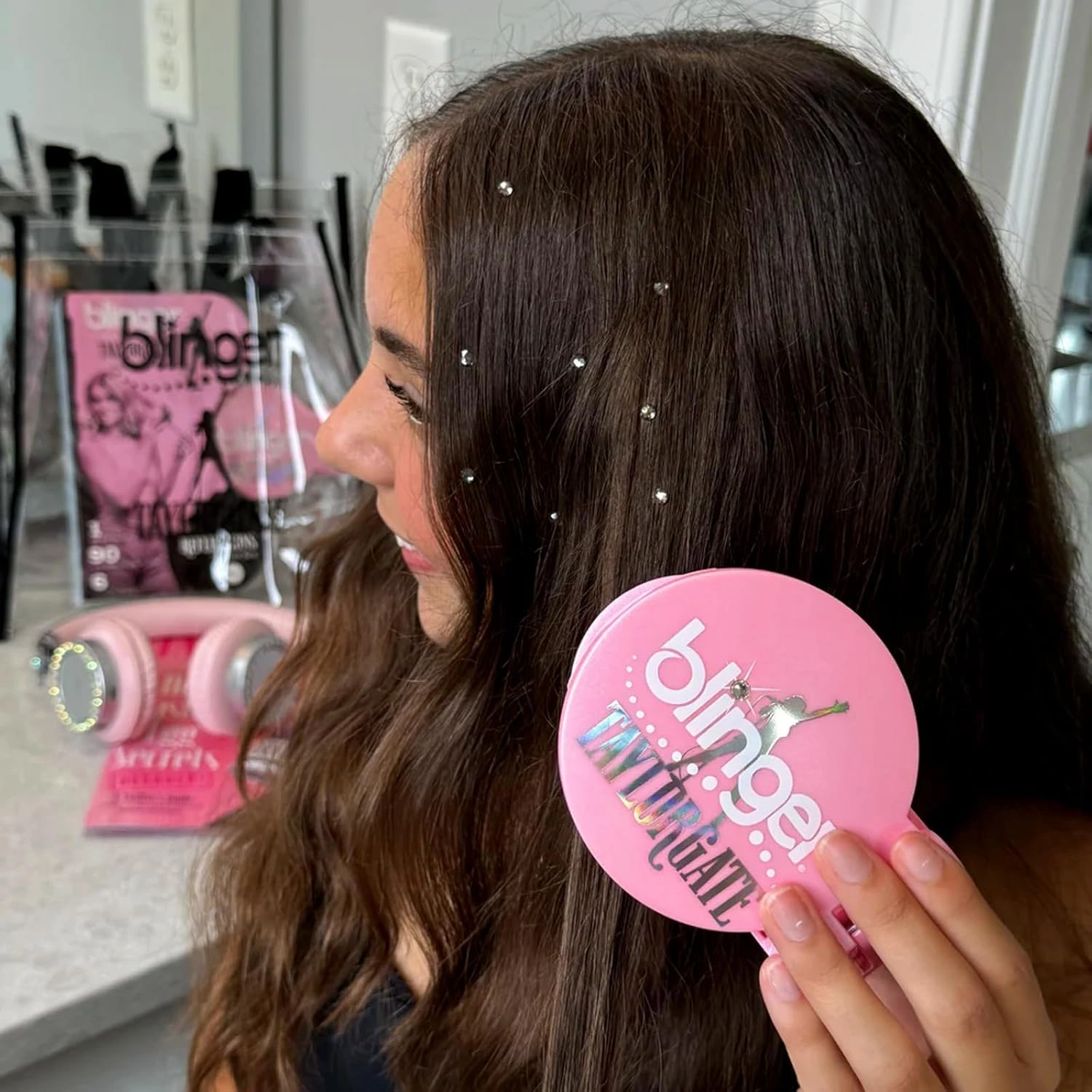 blinger® Limited Edition Reflections Starter Set | Pearlized Pink Styling Tool   90 Precision-Cut Glass Crystals | Add Sparkly Gems to your Hair | Perfect for Concerts, Festivals, Dances & Prom!