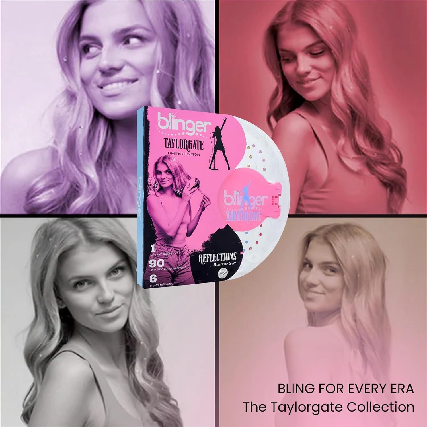 blinger® Limited Edition Reflections Starter Set | Pearlized Pink Styling Tool   90 Precision-Cut Glass Crystals | Add Sparkly Gems to your Hair | Perfect for Concerts, Festivals, Dances & Prom!