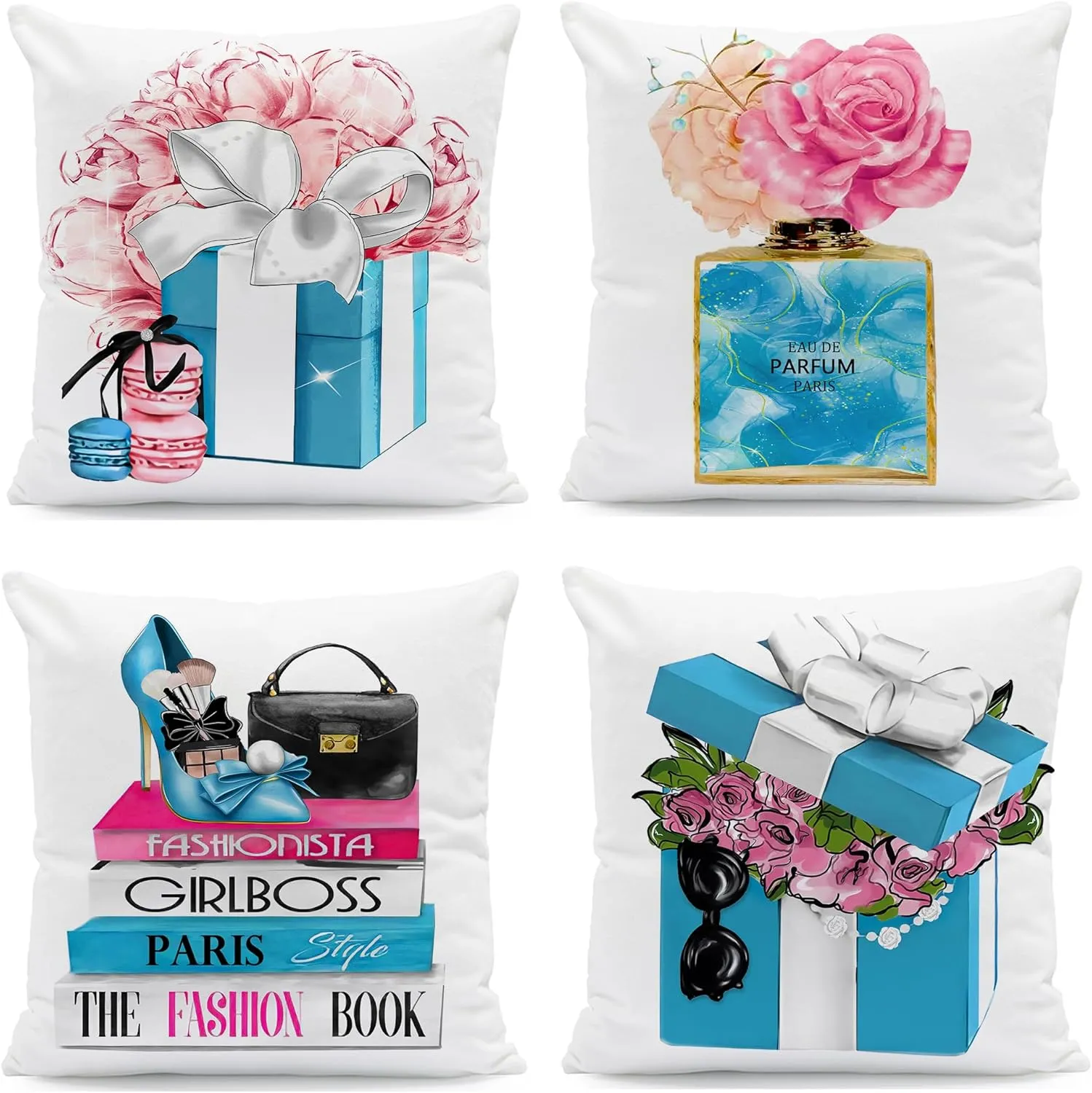 Blue Teal Throw Pillow Covers Pink Fashion Girls Bed Decorative Pillow Covers Pink Flower Turquoise Perfume Lipstick Makeup Sofa Couch Pillow Covers Blue Velvet Soft Pillow Cases Set of 4 18x18