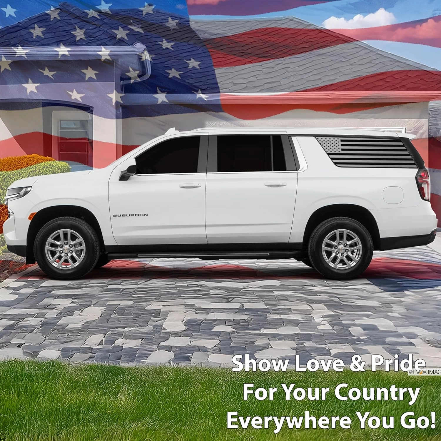 BOGAR TECH DESIGNS Precut for Chevy Suburban and GMC Yukon XL 2021-2025 Quarter Window American Flag Vinyl Decal Sticker, Matte Black