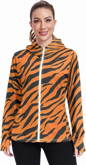 Bold Tigers Stripes Orange Workout Jacket Upf 50 , Long Sleeve Zip up Outdoor Jacket