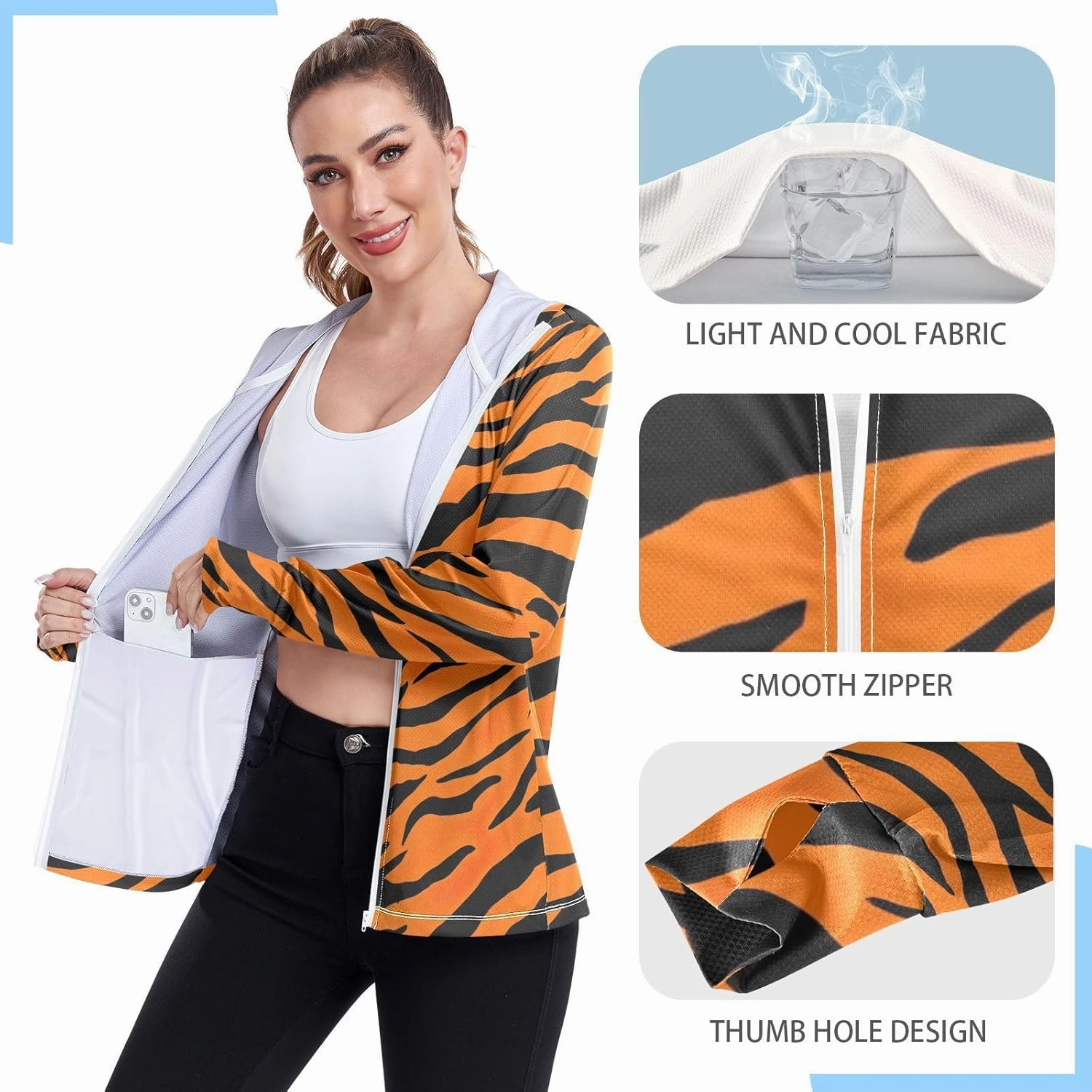 Bold Tigers Stripes Orange Workout Jacket Upf 50 , Long Sleeve Zip up Outdoor Jacket