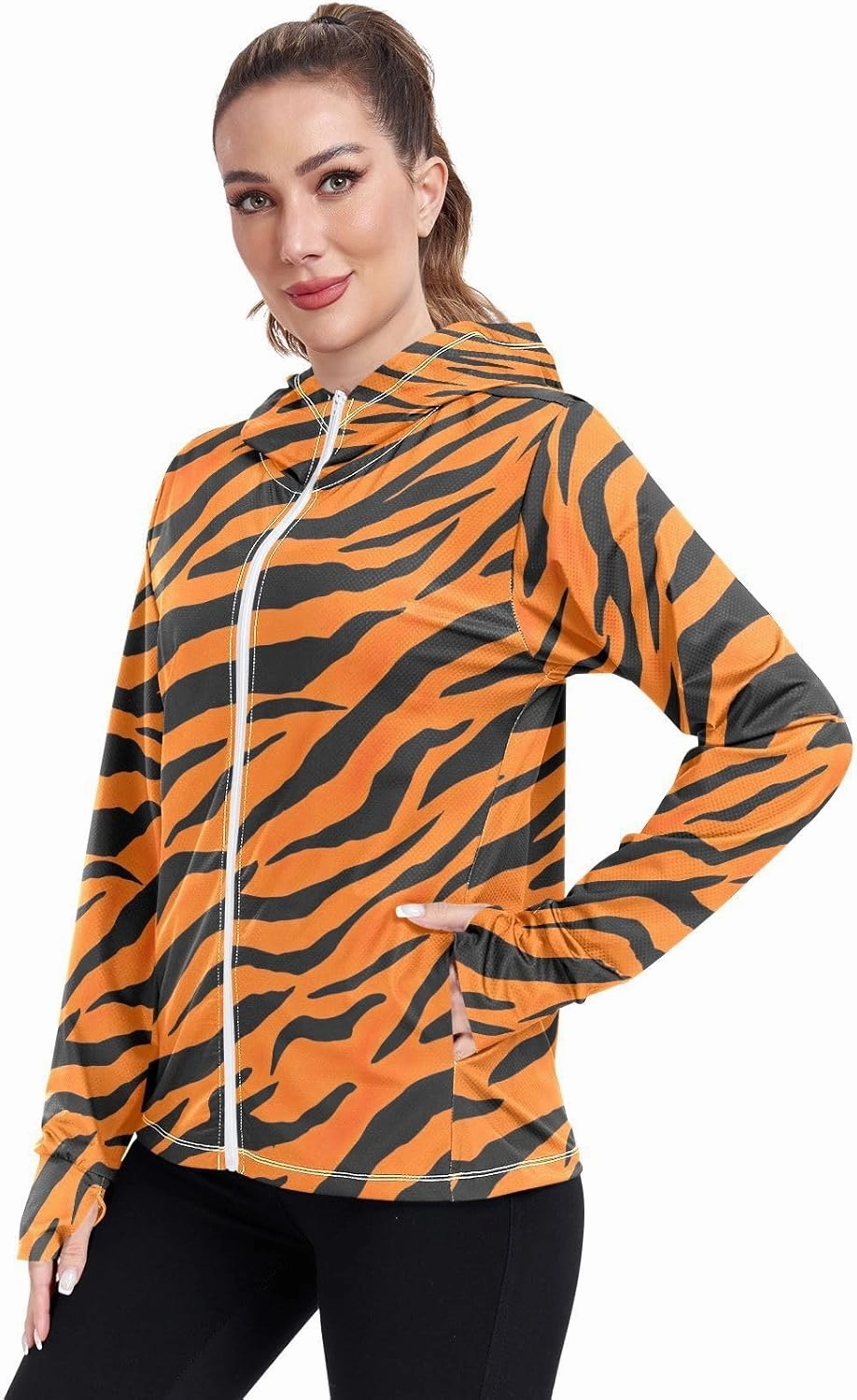 Bold Tigers Stripes Orange Workout Jacket Upf 50 , Long Sleeve Zip up Outdoor Jacket