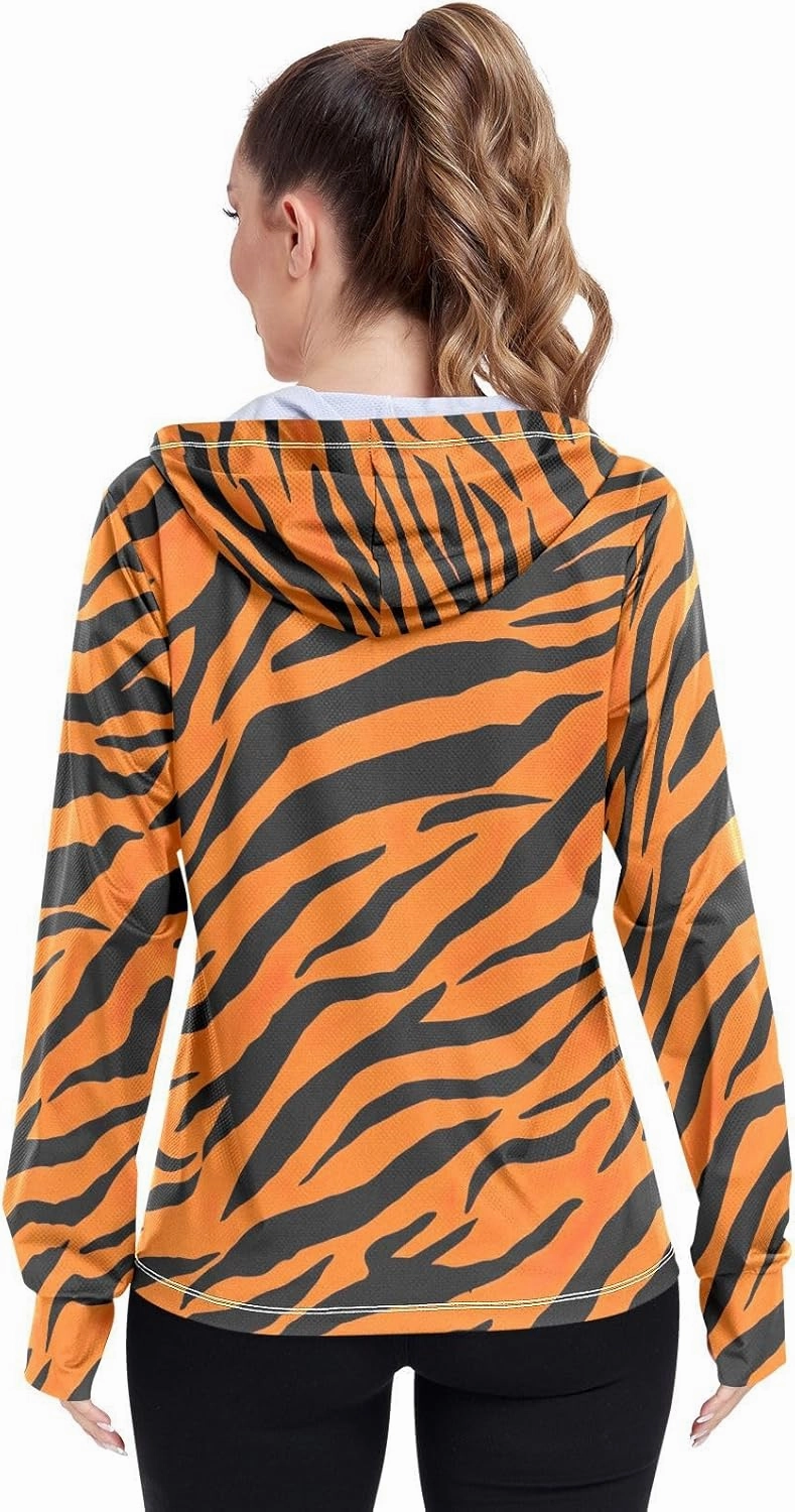 Bold Tigers Stripes Orange Workout Jacket Upf 50 , Long Sleeve Zip up Outdoor Jacket