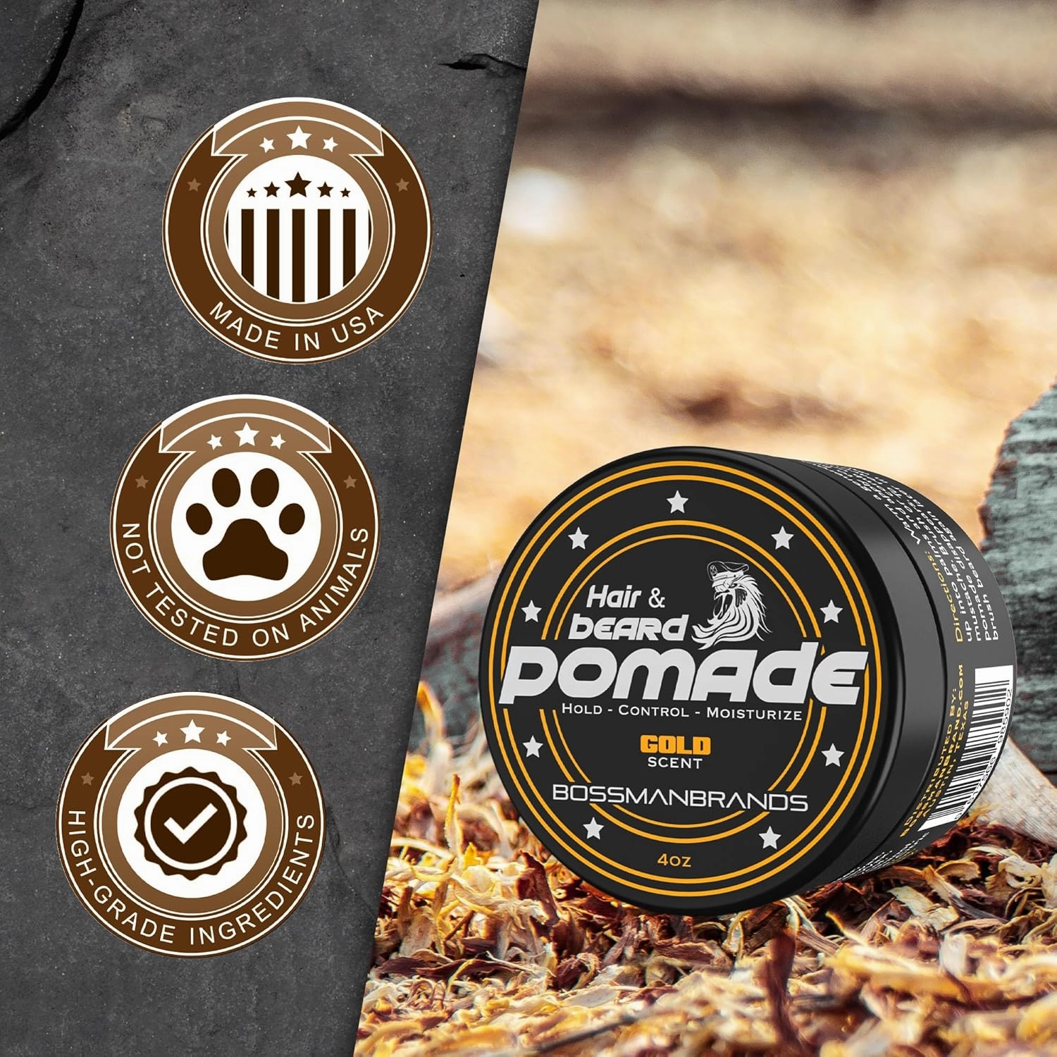 Bossman Hair & Beard Pomade for Men (Gold Scent) – Medium Hold & Moisturizing for Hair, Beard & Mustache Styling – Made in USA