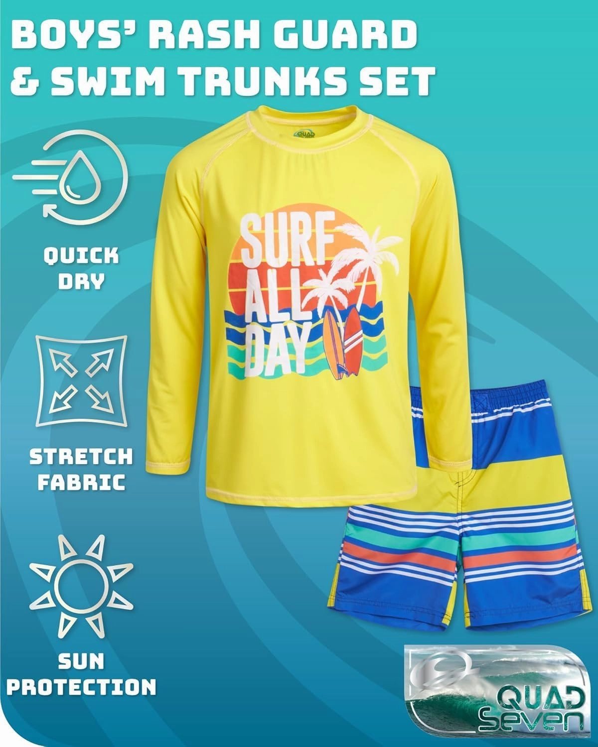 Boys Rash Guard Swimsuit Set - Kids Short Sleeve Bathing Suit Swimwear Sets (Sizes: 5-12)