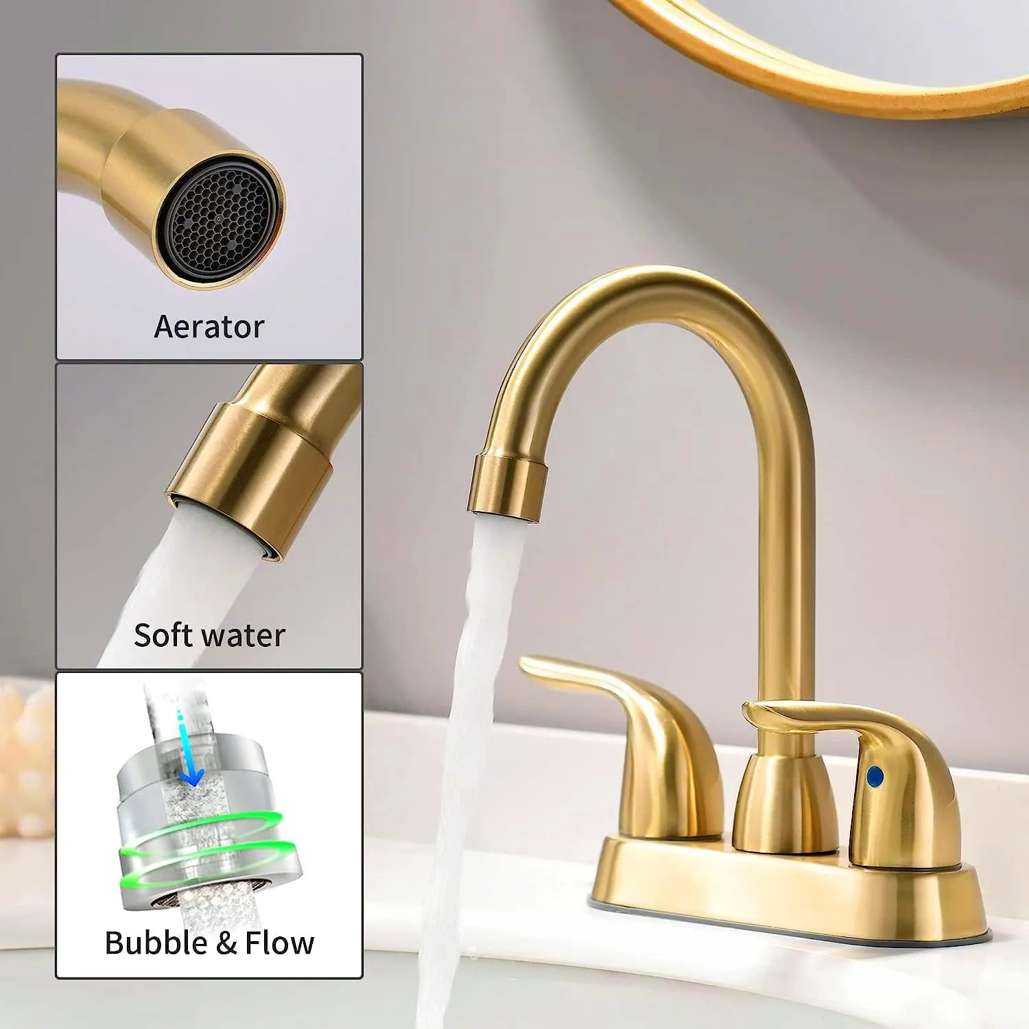 Brushed Gold Sink Faucet With Pop-up Drain Assembly, 2-Handle for 4 Inch Sink, Modern Centerset Bathroom Faucet With Supply Hose