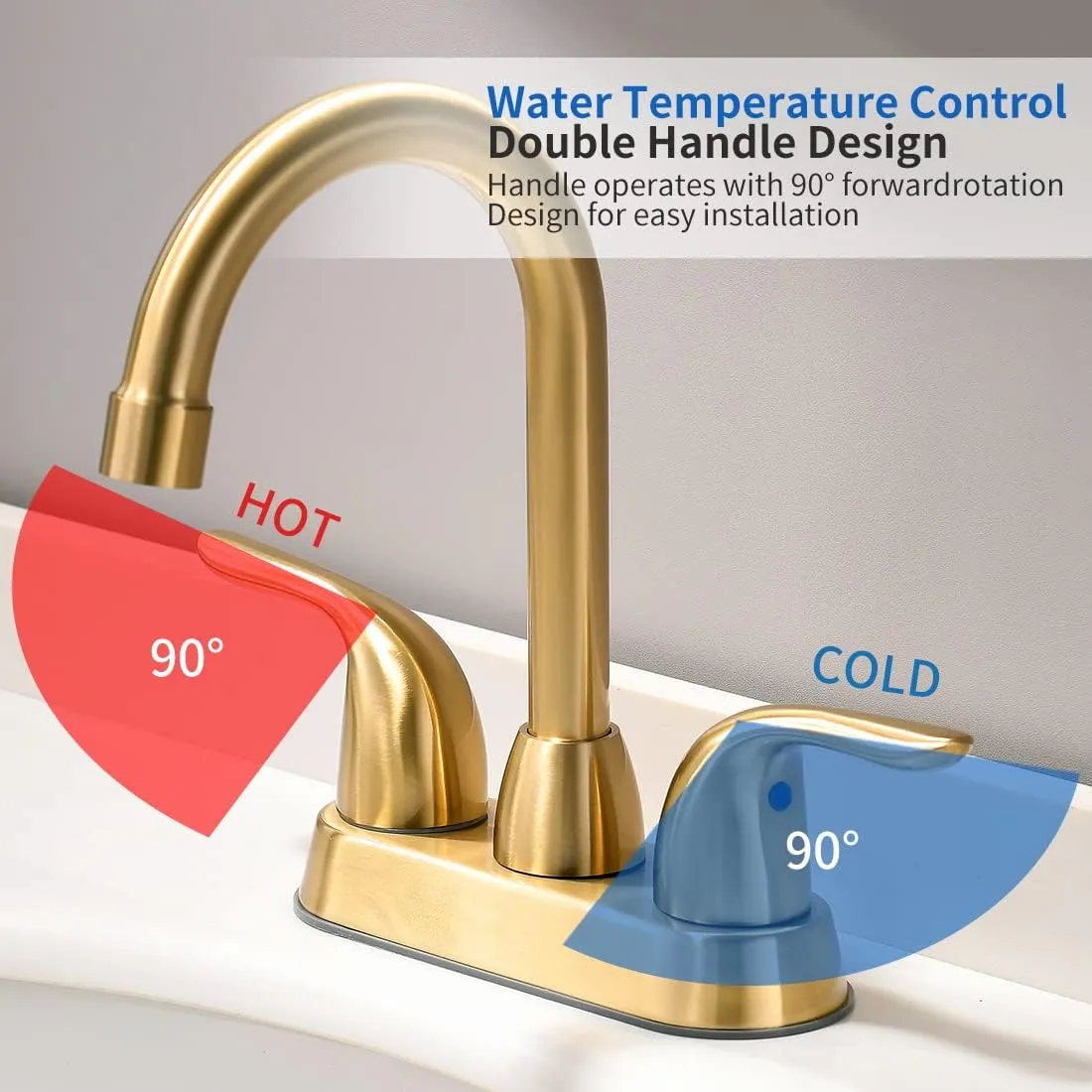 Brushed Gold Sink Faucet With Pop-up Drain Assembly, 2-Handle for 4 Inch Sink, Modern Centerset Bathroom Faucet With Supply Hose