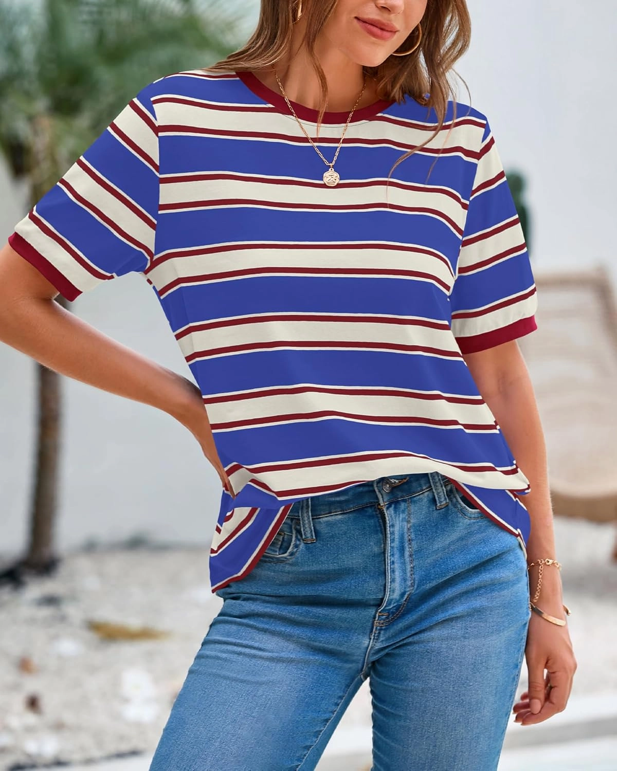 BTFBM Womens Summer Tops 2025 Crewneck Short Sleeve Striped T Shirts Casual Loose Lightweight Color Block Basic Tee