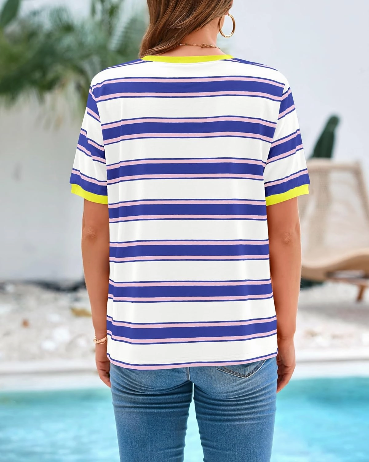 BTFBM Womens Summer Tops 2025 Crewneck Short Sleeve Striped T Shirts Casual Loose Lightweight Color Block Basic Tee