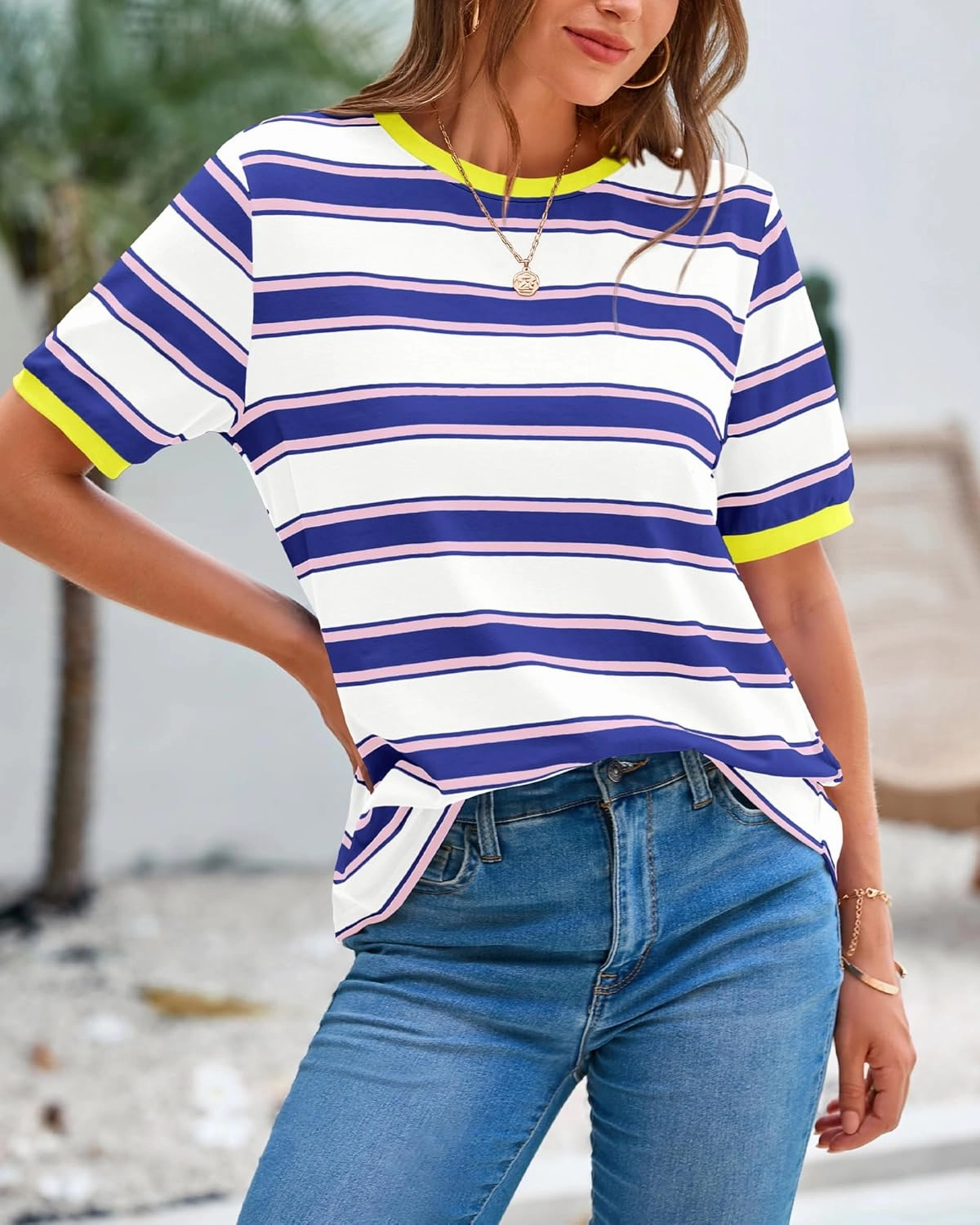 BTFBM Womens Summer Tops 2025 Crewneck Short Sleeve Striped T Shirts Casual Loose Lightweight Color Block Basic Tee