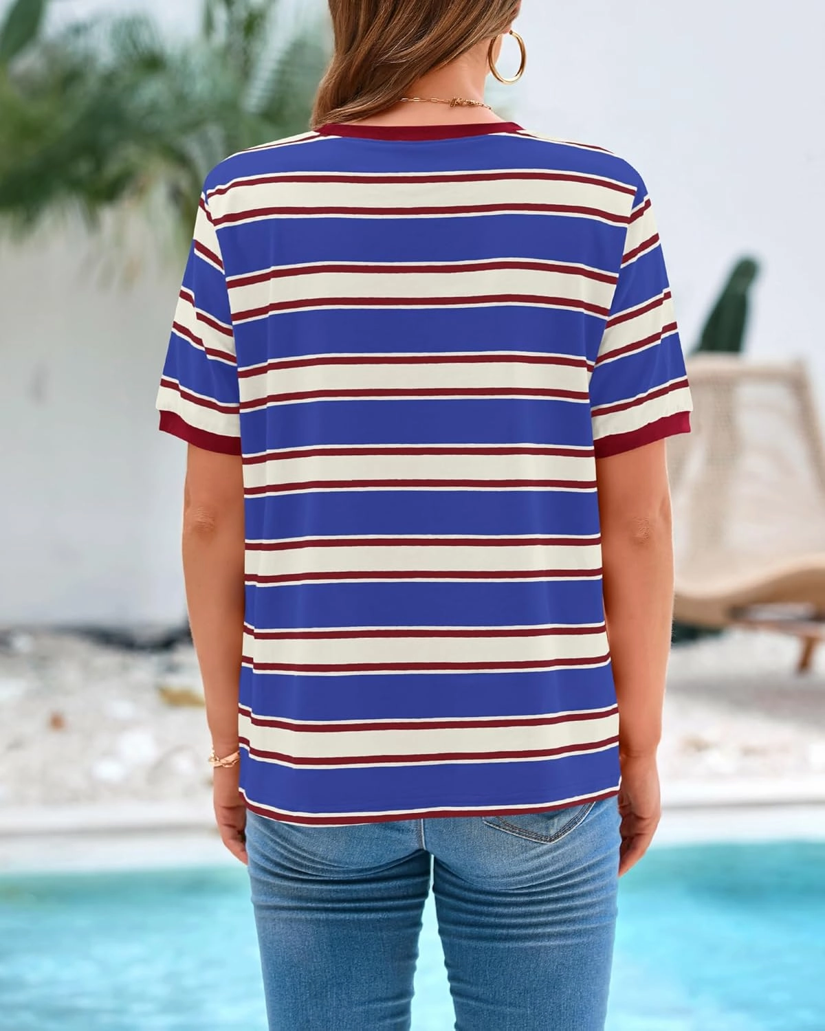 BTFBM Womens Summer Tops 2025 Crewneck Short Sleeve Striped T Shirts Casual Loose Lightweight Color Block Basic Tee