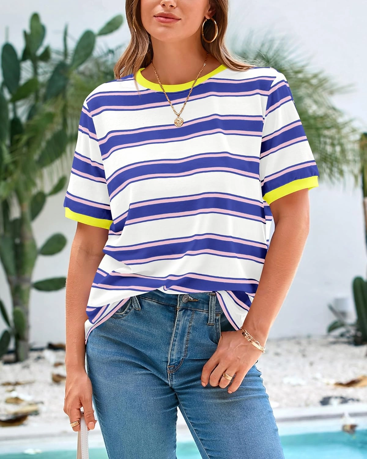 BTFBM Womens Summer Tops 2025 Crewneck Short Sleeve Striped T Shirts Casual Loose Lightweight Color Block Basic Tee