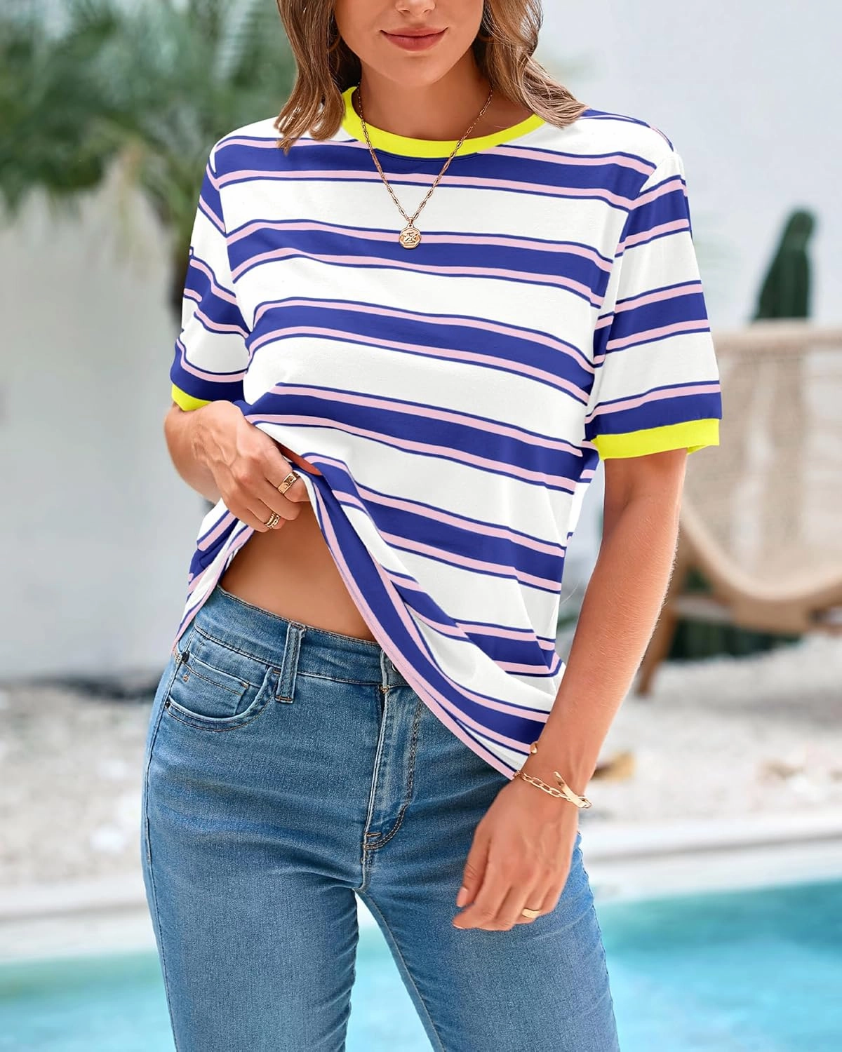 BTFBM Womens Summer Tops 2025 Crewneck Short Sleeve Striped T Shirts Casual Loose Lightweight Color Block Basic Tee