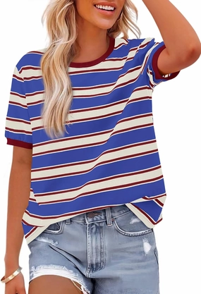 BTFBM Womens Summer Tops 2025 Crewneck Short Sleeve Striped T Shirts Casual Loose Lightweight Color Block Basic Tee