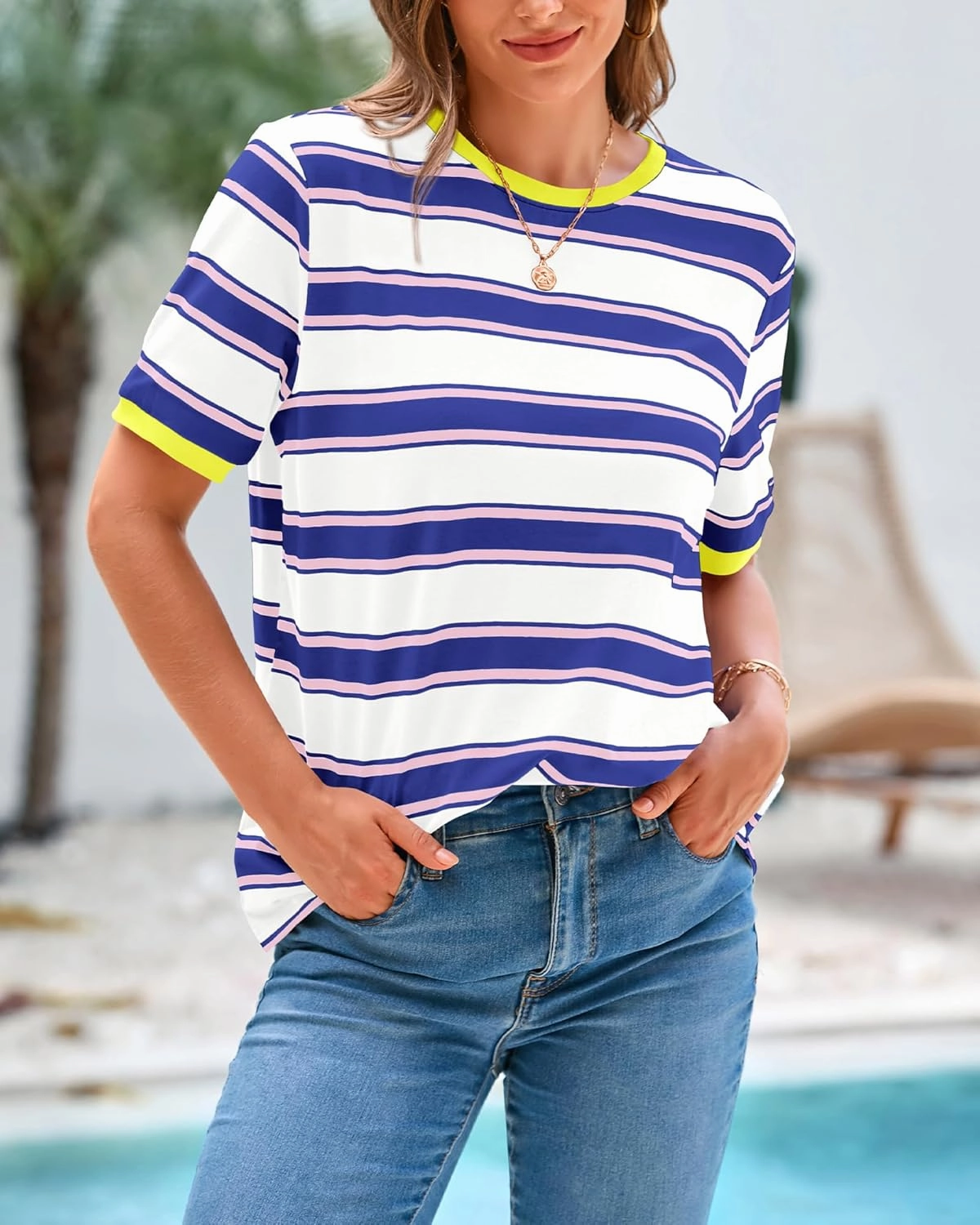 BTFBM Womens Summer Tops 2025 Crewneck Short Sleeve Striped T Shirts Casual Loose Lightweight Color Block Basic Tee