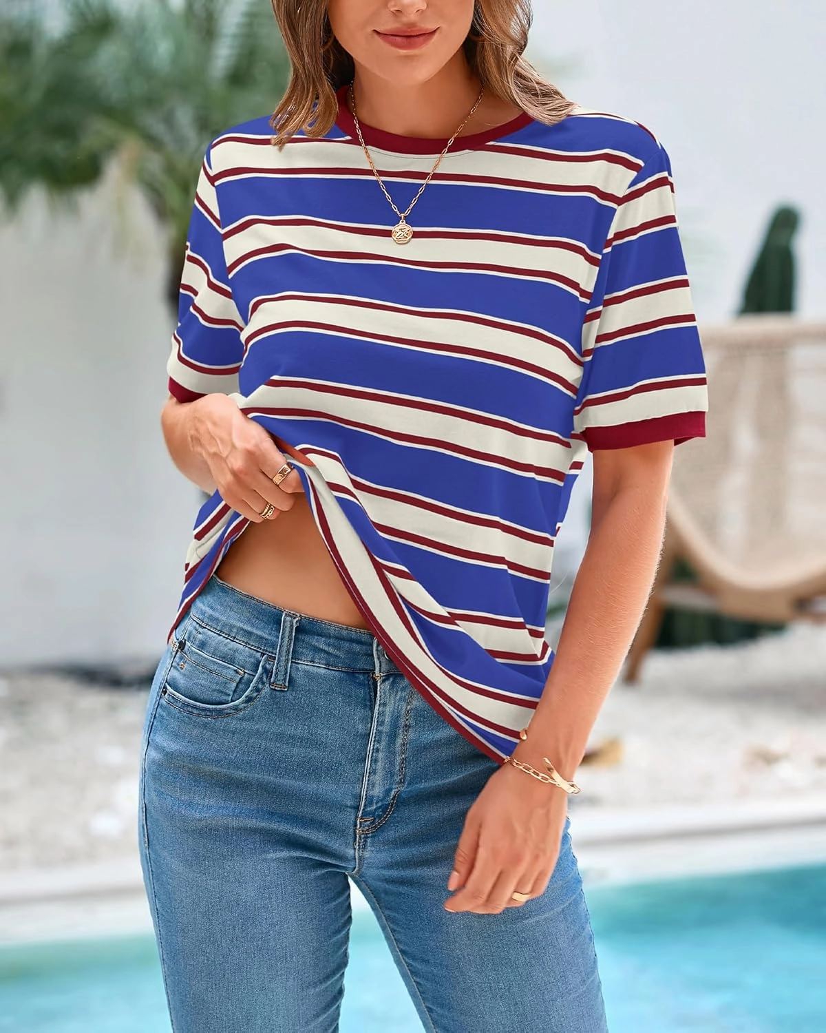 BTFBM Womens Summer Tops 2025 Crewneck Short Sleeve Striped T Shirts Casual Loose Lightweight Color Block Basic Tee