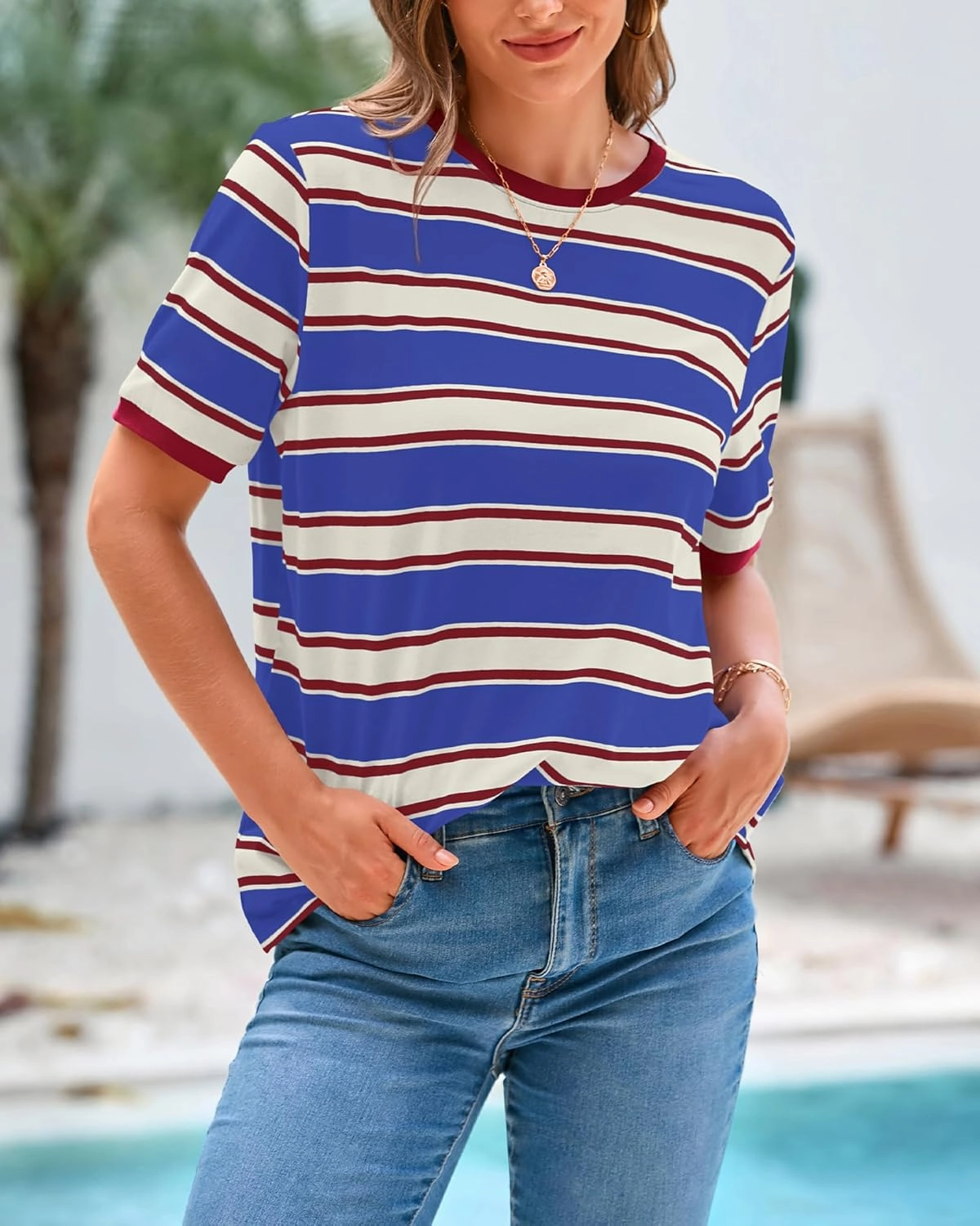 BTFBM Womens Summer Tops 2025 Crewneck Short Sleeve Striped T Shirts Casual Loose Lightweight Color Block Basic Tee