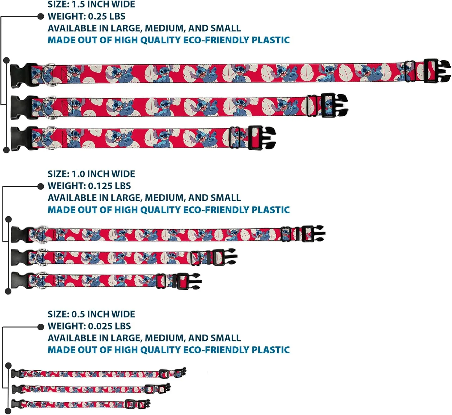 Buckle-Down Dog Collar Plastic Clip Lilo Stitch 4 Poses Lilo Dress Leaves Red Ivory 11 to 17 Inches 1.0 Inch Wide