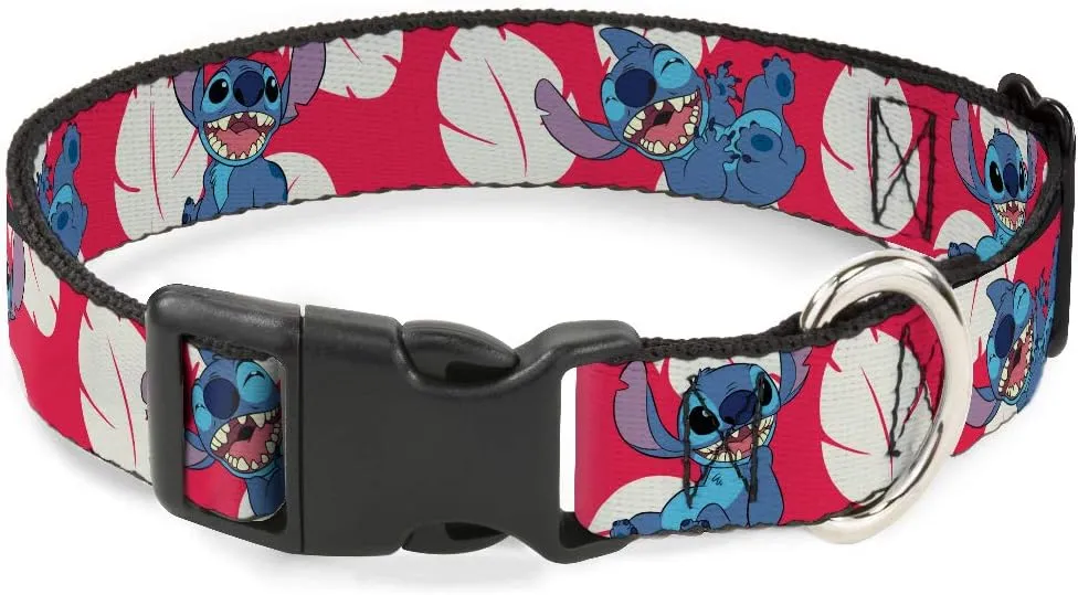 Buckle-Down Dog Collar Plastic Clip Lilo Stitch 4 Poses Lilo Dress Leaves Red Ivory 11 to 17 Inches 1.0 Inch Wide