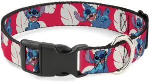 Buckle-Down Dog Collar Plastic Clip Lilo Stitch 4 Poses Lilo Dress Leaves Red Ivory 11 to 17 Inches 1.0 Inch Wide
