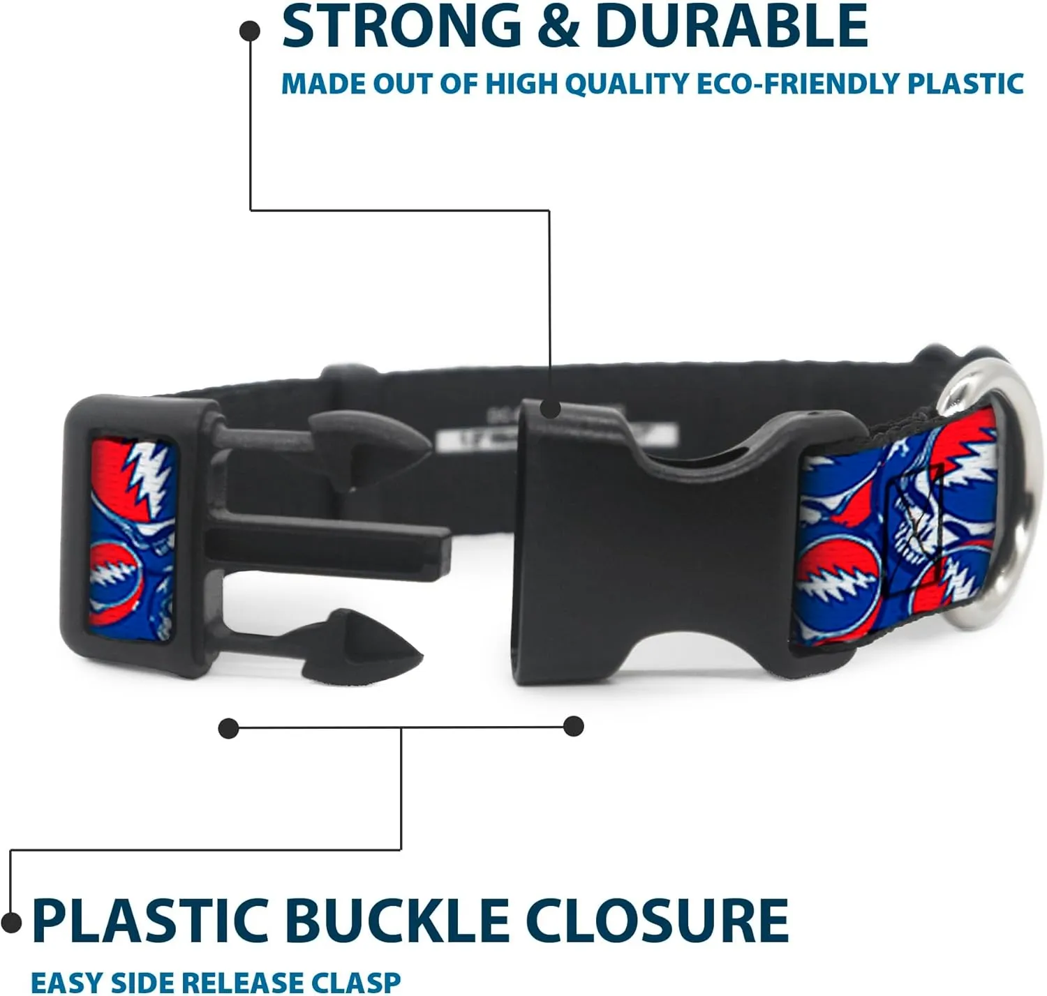 Buckle-Down Plastic Clip Collar - Steal Your Face Stacked Red/White/Blue - 1" Wide - Fits 11-17" Neck - Medium