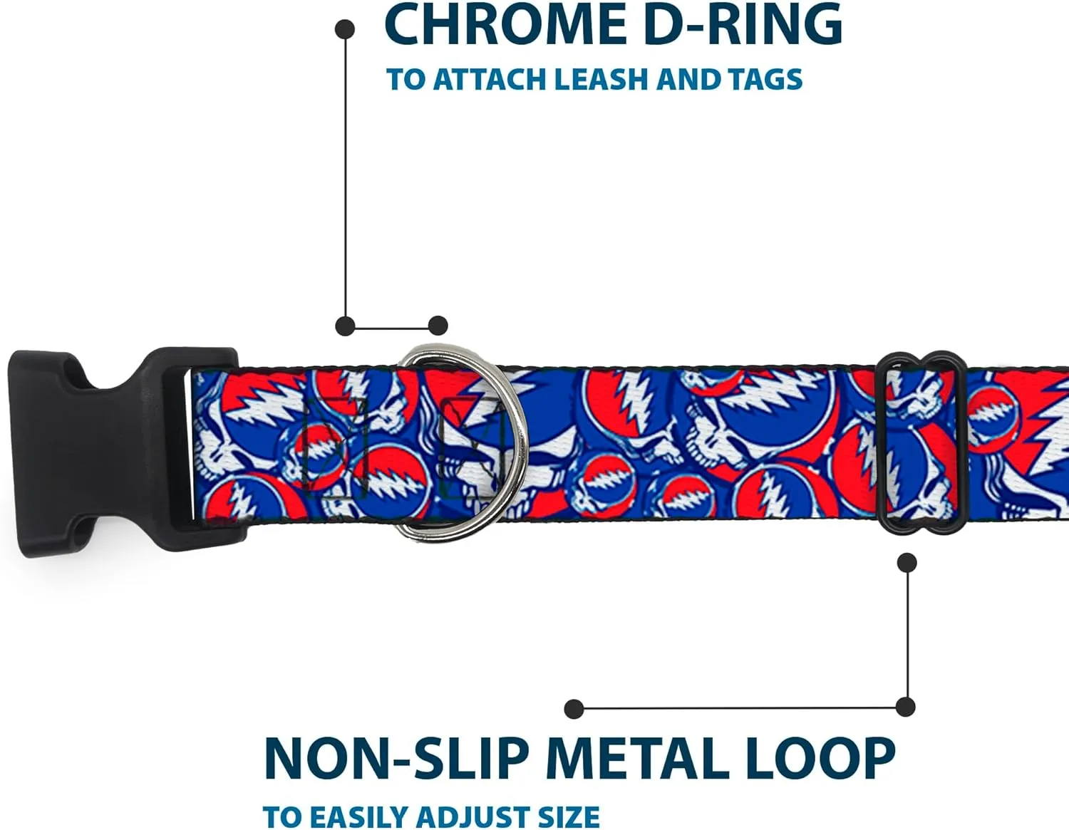 Buckle-Down Plastic Clip Collar - Steal Your Face Stacked Red/White/Blue - 1" Wide - Fits 11-17" Neck - Medium