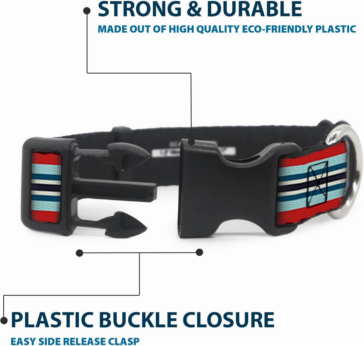 Buckle-Down Plastic Clip Collar - Stripes Red/Blues/White - 1" Wide - Fits 11-17" Neck - Medium