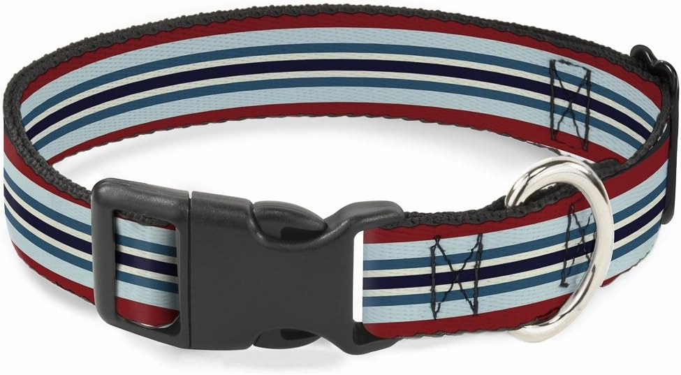 Buckle-Down Plastic Clip Collar - Stripes Red/Blues/White - 1" Wide - Fits 11-17" Neck - Medium