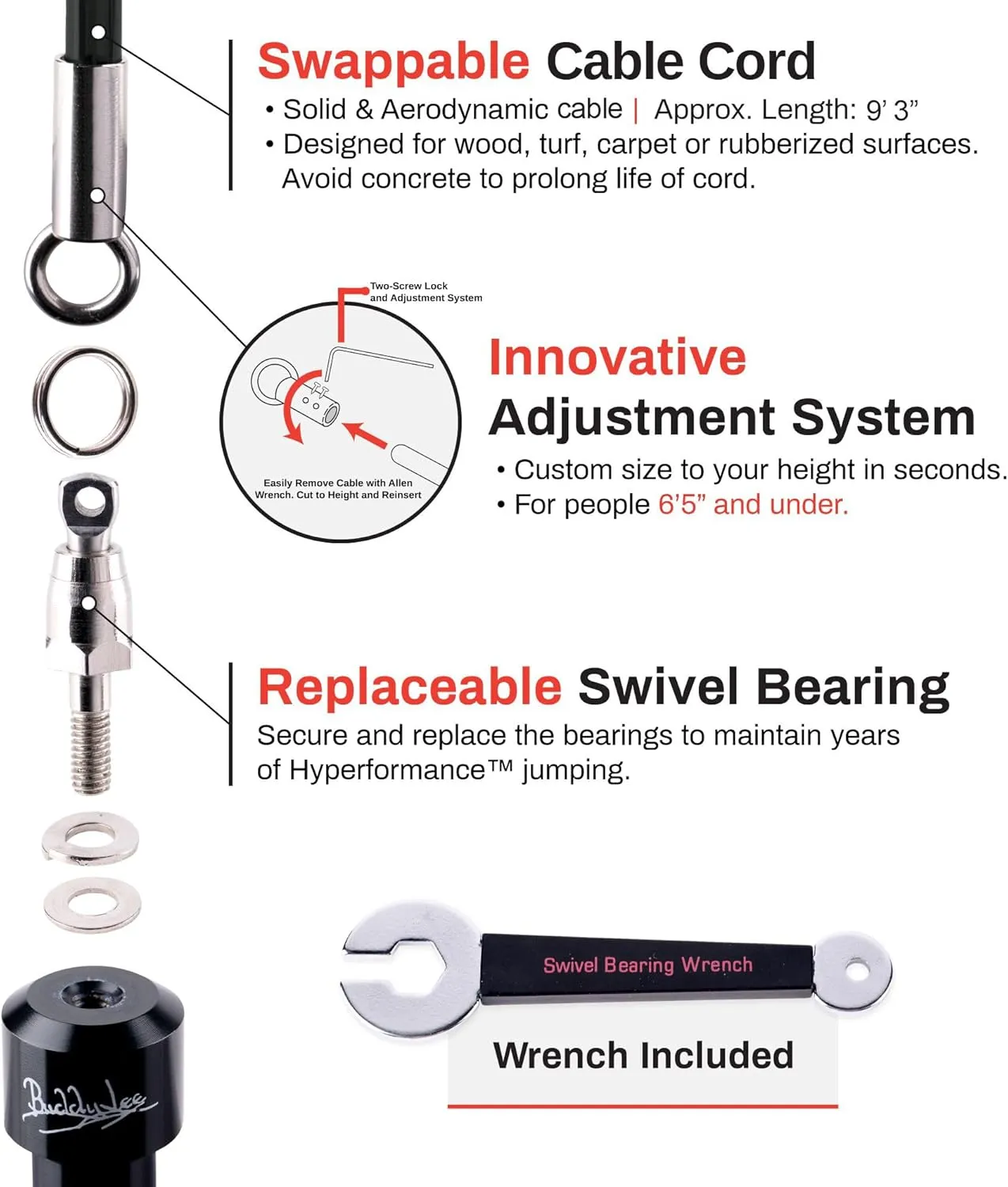 Buddy Lee Aero Speed Jump Rope 2.0 Upgraded Version with Sonic Rocket Speed Swivel Bearing | Tangle-Free & Adjustable Jump Rope for Men & Women - For Fitness, Double-Unders, and Cross-Training