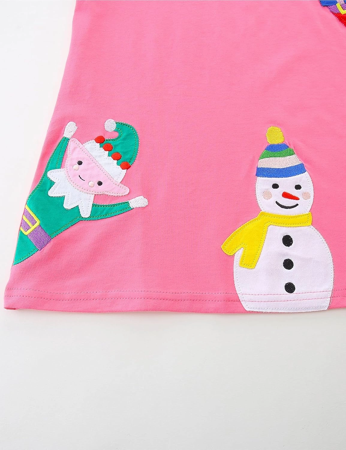 Bumeex Girl's Long Sleeve Dresses Cotton Christmas Cute Embroidery Applique Swing A-Line Casual Tunic Playwear 2-13 Years