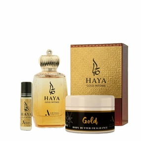 Bundle Haya Gold Intense EDP 100ml Roll On Gold Oil & Gold Fragrance Body Butter 250ml - Set of Three Perfume & Cream Fragrances