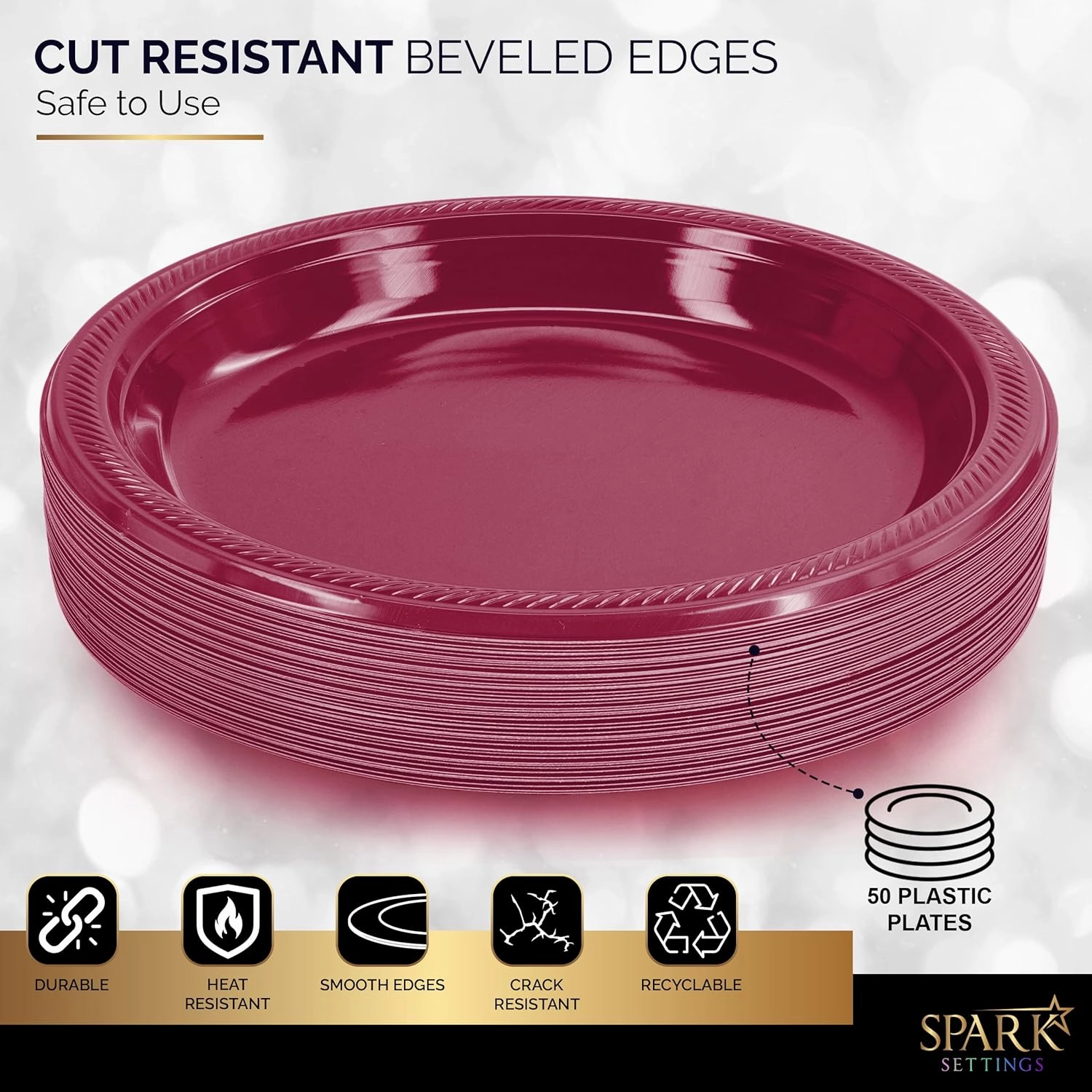 Burgundy Plastic Dinner Plates, 10.4 Inches, Strong & Sturdy for Parties, Dinners, Holidays, Picnics, Travel - Pack of 50