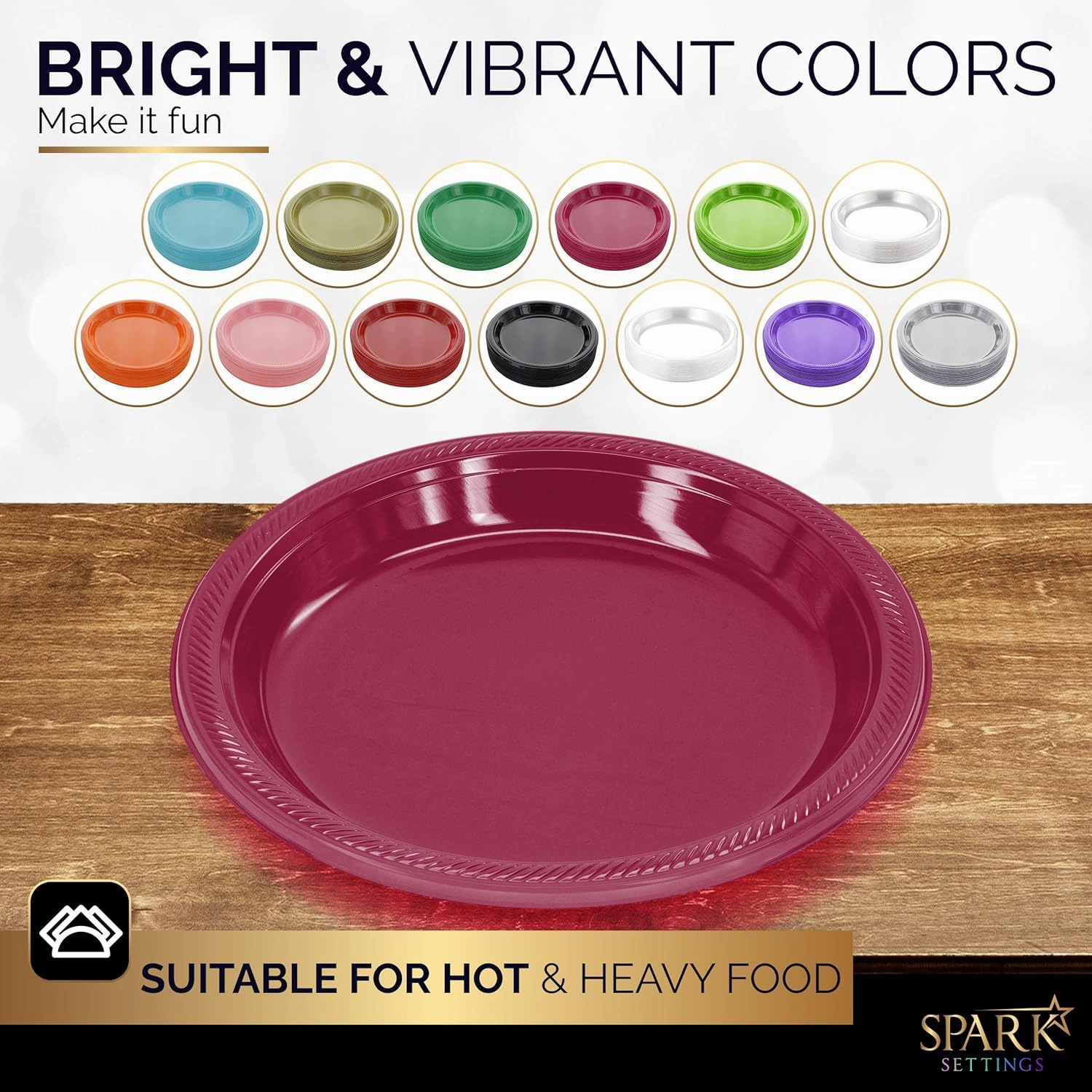 Burgundy Plastic Dinner Plates, 10.4 Inches, Strong & Sturdy for Parties, Dinners, Holidays, Picnics, Travel - Pack of 50